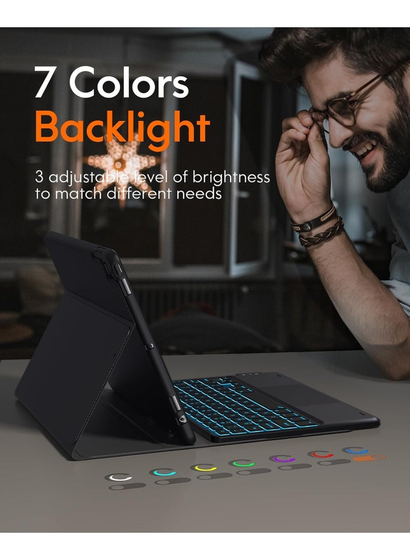 Arabic/English Keyboard Case for iPad 9th Generation, 7 Color Backlit, Multi-Touch Trackpad, Built-in Pencil Holder, 2 Wireless Channels, Flip Stand Keyboard Case for iPad 9th/8th/7th Gen 10.2” , Black - Image 4